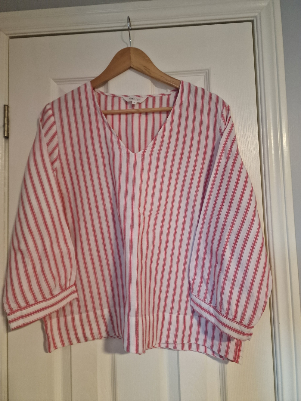 Part Two Copenhagen Red and White Striped V-Neck Linen Top, Size Eur 38